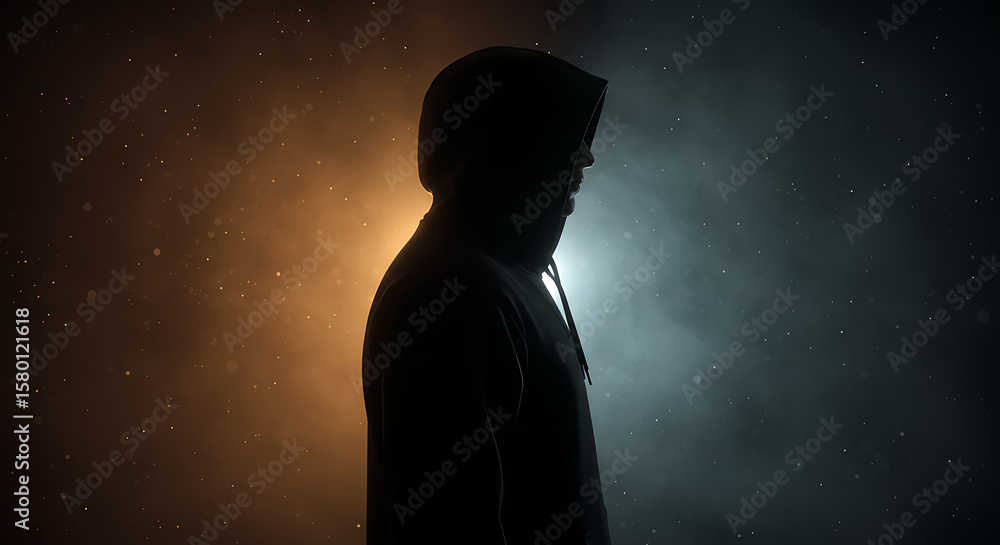 Silhouette of a person wearing a hood, shrouded in darkness, against a backdrop of orange and blue smoke. Silhouette of a person wearing a hood, shrouded in darkness, against a backdrop of orange and blue smoke.