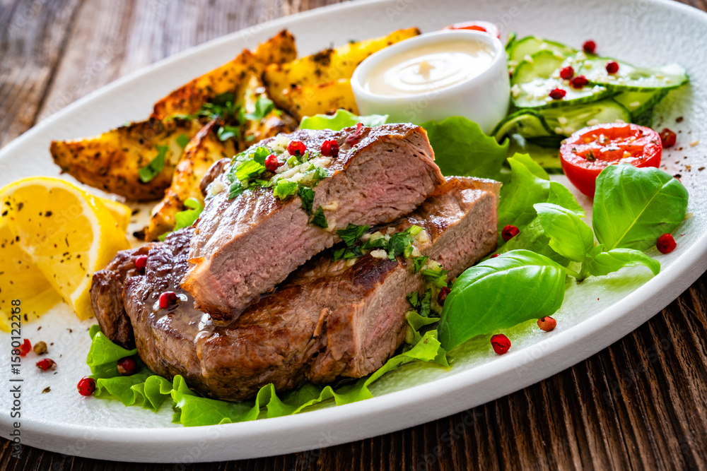 Grilled beef steak with baked potato wedges and fresh vegetables on wooden table Grilled beef steak with baked potato wedges and fresh vegetables on wooden table
