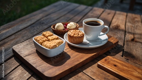 A delicious spread featuring a warm cup of coffee alongside an assortment of pastries on a rustic wooden table.