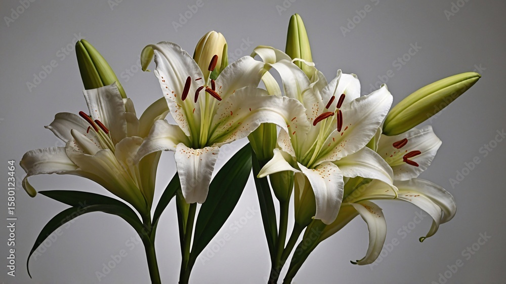 Fototapeta premium A stunning arrangement of white lilies featuring vibrant green buds, capturing the elegance and beauty of nature.