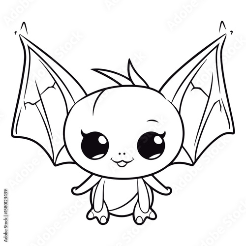 A black and white drawing of a baby Bat kawai coloring page illustration.