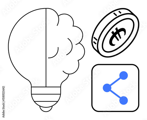 Light bulb with brain texture, coin with currency design, and share icon connected by three nodes. Ideal for creativity, innovation, finance, technology, networking, collaboration simple landing