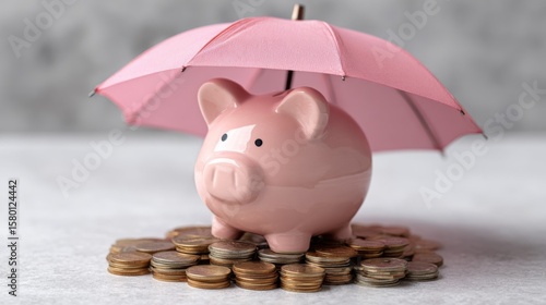 An umbrella protects a piggy bank, symbolizing saving for a rainy day. A minimalist concept illustrating the importance of protecting your savings.