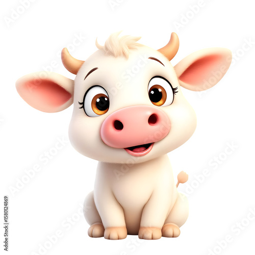 A small, adorable cartoon calf with big eyes and a sweet smile sits contentedly, isolated on a transparent background