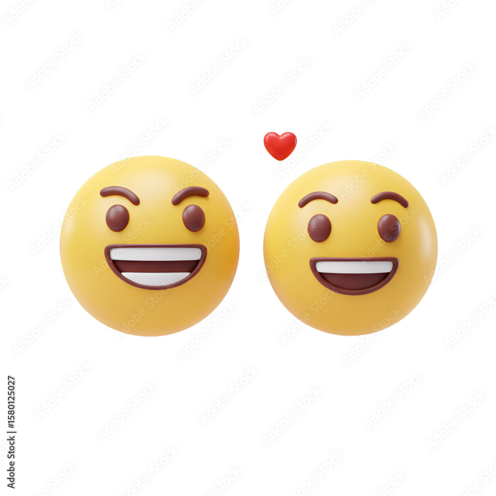 Fototapeta premium 3d Illustration of Two Yellow Emoji Faces Smiling with Red Heart Transparent