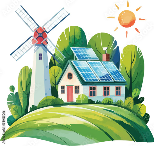Eco friendly house with solar panels and windmill generating clean energy