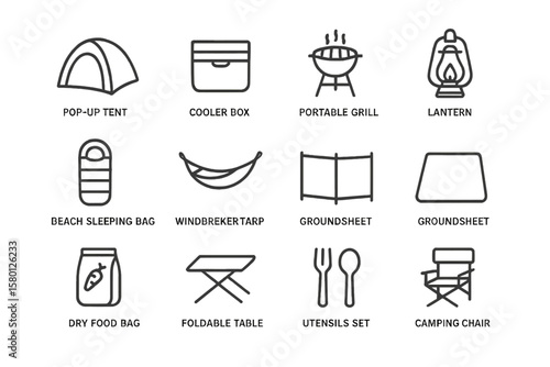 Camping equipment icons: tent, cooler box, grill, lantern, sleeping bag, tarp