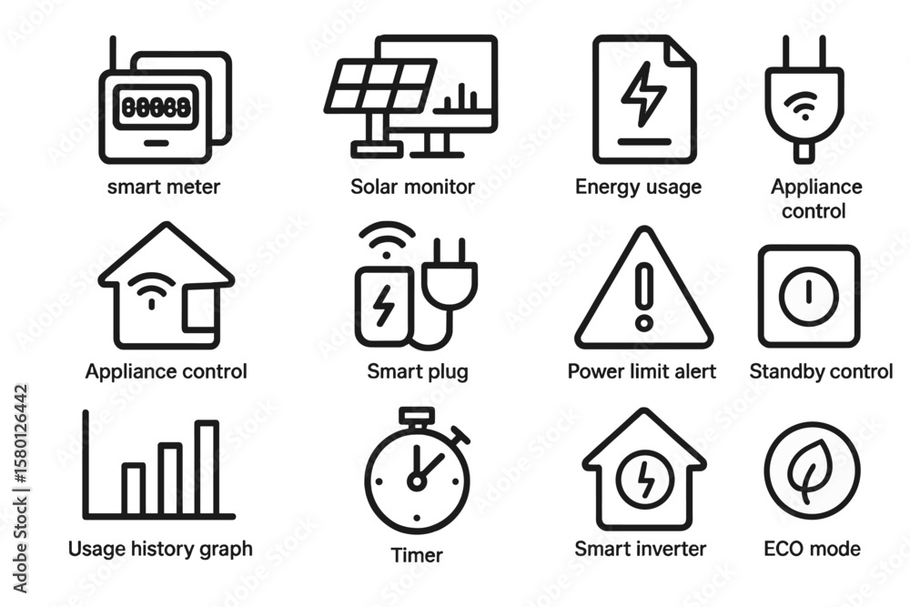 Smart home energy management icons for efficient appliance control