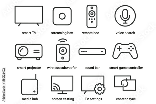 Home entertainment icons: smart tv, projector, remote, sound bar, gaming controller