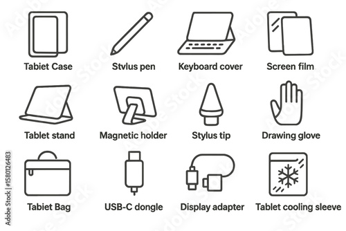Essential tablet accessories: case, pen, stand, glove, adapter, sleeve