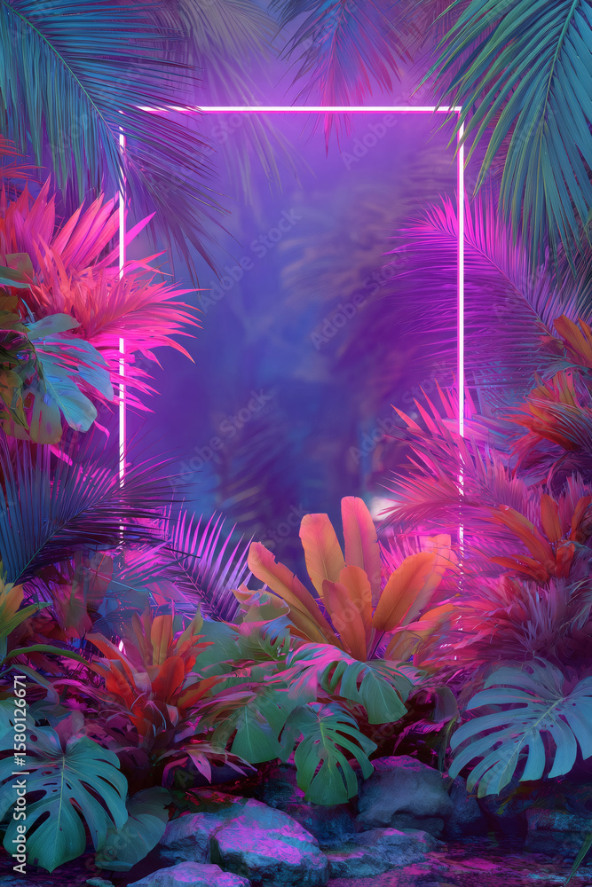 Tropical oasis with neon frame. Vibrant exotic leaves glowing with futuristic light. Botanical garden with lush foliage for design. Tropical oasis with neon frame. Vibrant exotic leaves glowing with futuristic light. Botanical garden with lush foliage for design.
