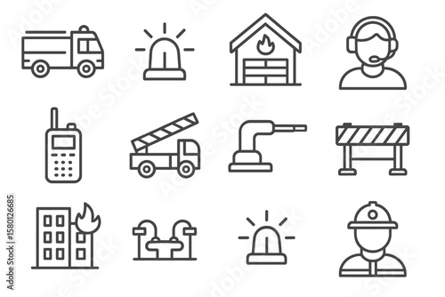 Emergency vehicles and equipment icons on metallic background
