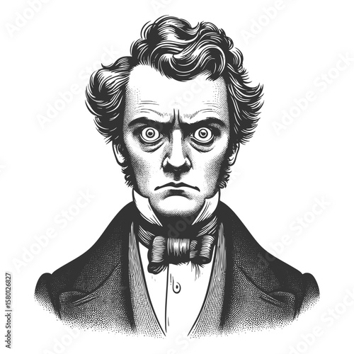 surprised Victorian gentleman with wide eyes and formal attire, expressing shock or disbelief sketch engraving generative ai fictional character vector illustration. Scratch board. Black and white.