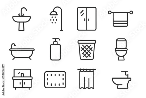 Minimalist bathroom icons: shower, toilet, sink, bathtub, cabinet, towel rack