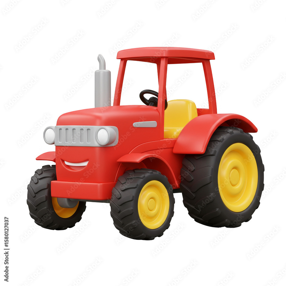 Obraz premium 3D Red Tractor Cartoon Vehicle with Yellow Wheels on Transparent