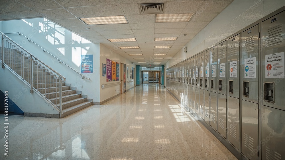 Obraz premium Interior school hallway with lockers and staircase reflecting light.