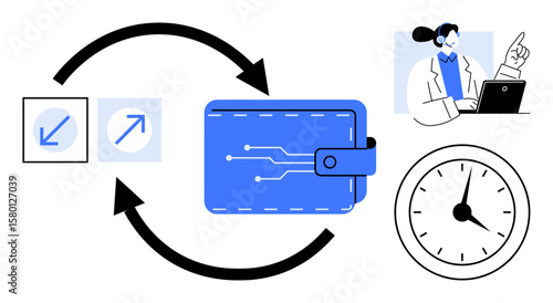 Digital wallet with arrows representing funds exchange, customer support agent, and clock symbolizing time. Ideal for transactions, e-commerce, support, efficiency, fintech, scheduling simple flat