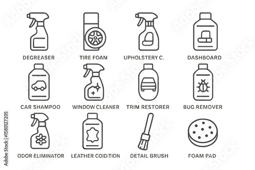 Car cleaning icons: degreaser, tire foam, upholstery, dashboard, bug remover