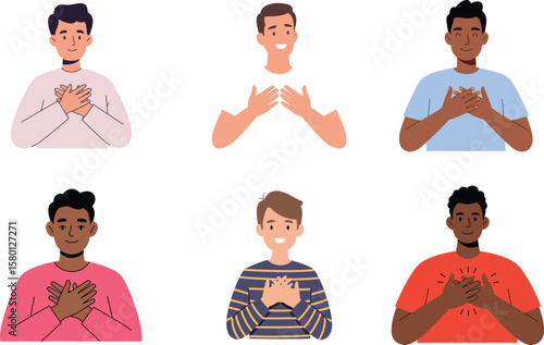 Embracing Gratitude: Diverse individuals demonstrate heartfelt appreciation, placing hands over hearts in a visual representation of empathy, love, and sincerity. This illustration radiates warmth.