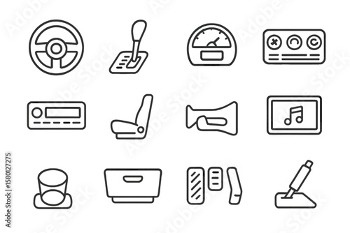Car dashboard icons collection with steering wheel, pedals, and music controls