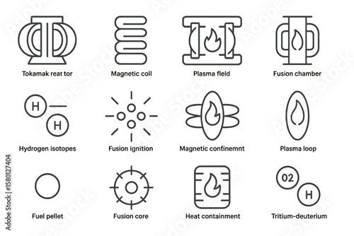 Nuclear fusion concepts: diagrams of reactors, chambers, and magnetic fields
