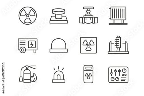 Nuclear industry icons: radiation, equipment, safety measures, and hazard signs