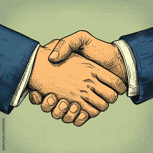 Businessman handshake contract deal engraving vintage vector, vector style simple color