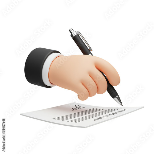 3D Illustration Hand Signing Paper with Pen on Transparent BG