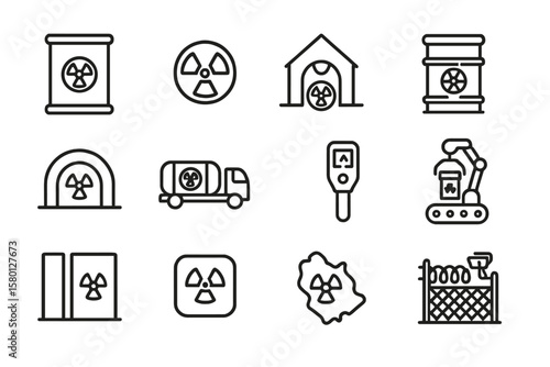 Radioactive icons set: waste, safety, hazard signs, and containment symbols