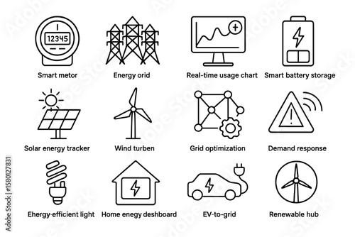 Renewable energy icons: smart meters, grids, wind turbines, solar, efficiency
