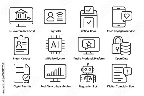 Digital innovation icons for civic engagement and e-government services
