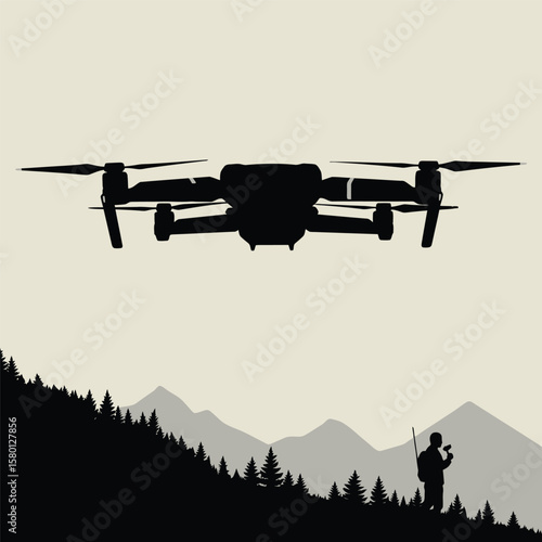 
A man controls a modern drone flying over a mountain landscape, captured in a minimalist, high-contrast silhouette design perfect for technology, outdoor, and adventure themes.