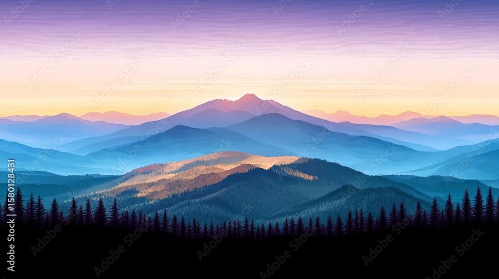 Fototapeta premium Breathtaking Layered Mountain Range Under a Vibrant Sunset Sky with Serene Pine Forest Landscape