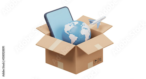 3d Illustration Of Delivery Package With Globe And Airplane For Worldwide Shipping