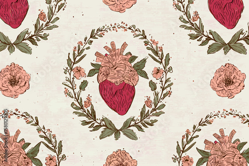 Seamless Pattern – Stylized Immaculate Heart with Floral Wreaths in Soft Reds and Muted Greens on Off-White Linen, Flat Vector Style with a Spiritual and Sophisticated Aesthetic  