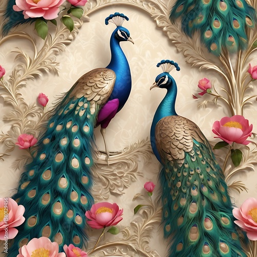 Seamless Mughal Wallpaper Illustration, Peacock, Flower, Wedding Background, Tree.