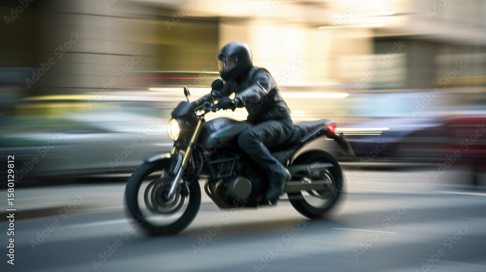 A person riding a motorcycle through city streets, motion blur background A person riding a motorcycle through city streets, motion blur background