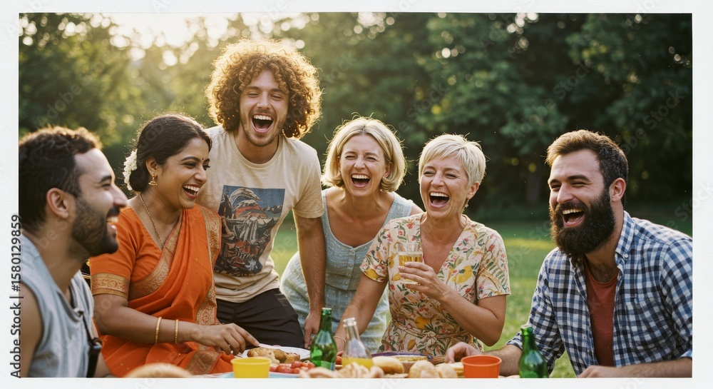 Joyful gathering of diverse friends sharing laughter and food outdoors during a sunny afternoon Joyful gathering of diverse friends sharing laughter and food outdoors during a sunny afternoon