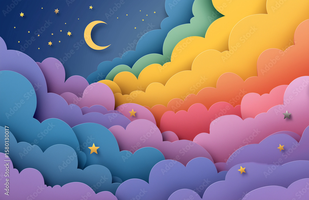 Fototapeta premium 3D paper cut art depicting white clouds with stars