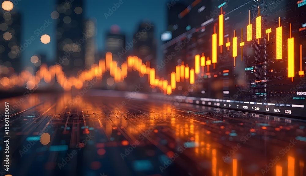 Obraz premium Futuristic Financial Bar Chart over Cityscape – Stock Market and Data Analytics Concept