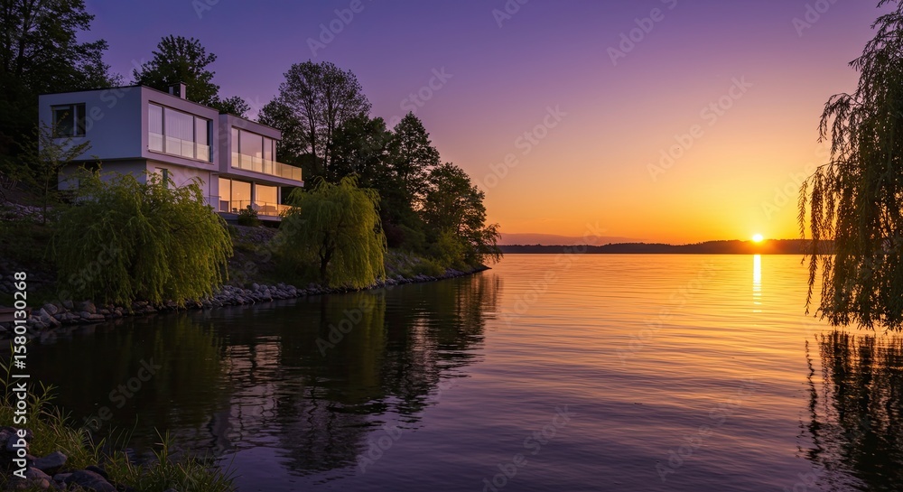 Obraz premium Modern house on lakefront property reflecting sunset colors in the water
