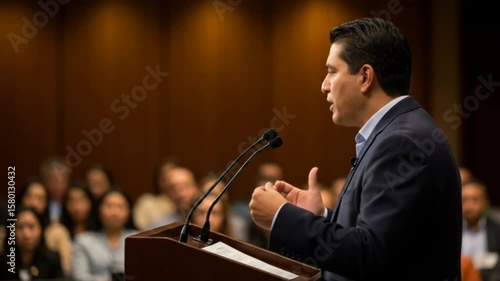 Male public speaker giving motivational speech at podium in formal conference room with audience seamless looping 4k time-lapse animation video background