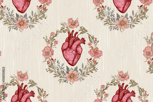 Seamless Pattern – Stylized Immaculate Heart with Floral Wreaths in Soft Reds and Muted Greens on Off-White Linen, Flat Vector Style with a Spiritual and Sophisticated Aesthetic  