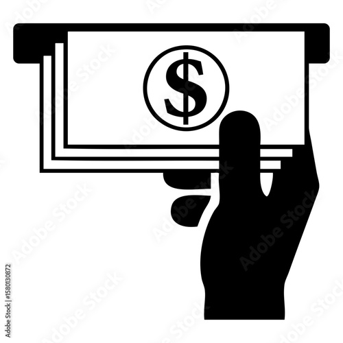 Icono cajero automático con mano cogiendo billetes de dólar 