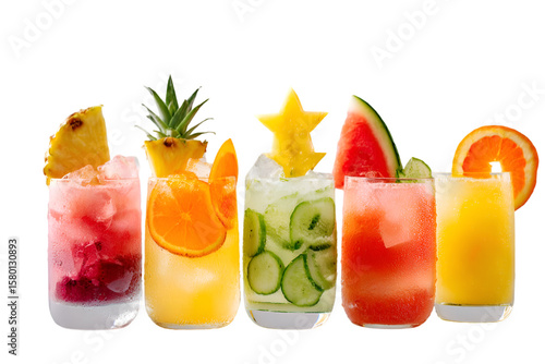 Refreshing Tropical Fruit Cocktails With Ice On White Background