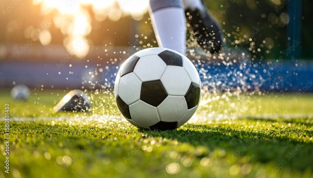 Fototapeta premium A classic black and white soccer ball rests on a vibrant green grass field, ready for a fun team game