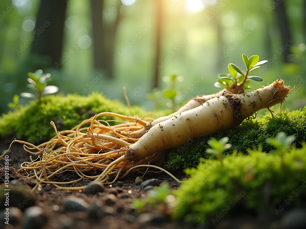 Fototapeta premium Fresh Ginseng Root in Forest – Natural Herbal Medicine and Organic Health Concept