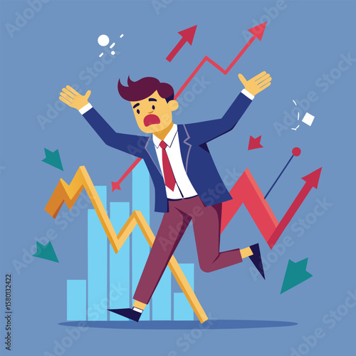 Business professional reacting with panic to failing stock market financial trends and economic instability problems