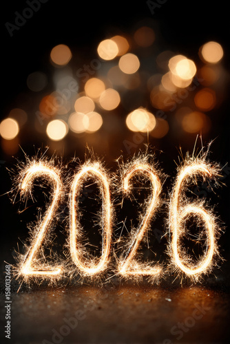 The festive numbers 2026 written with bright golden sparkler lights on dark background. New year celebration and holiday greeting card concept.
