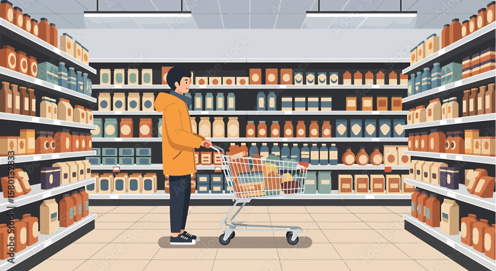 Person Shopping in Supermarket Aisle with Grocery Cart Illustration Person Shopping in Supermarket Aisle with Grocery Cart Illustration